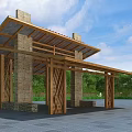 Rustic Pergola with Stone Pillars and Wooden Beam Roof in Green Outdoor Space