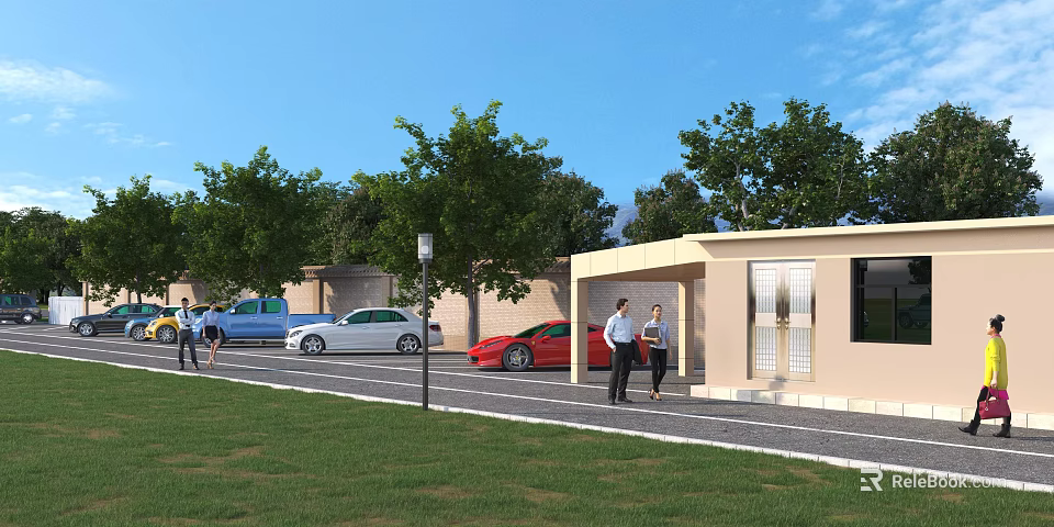 Outdoor Parking Lot with Green Trees Grass Area Parked Cars People Walking and Small Shelter 3d model 