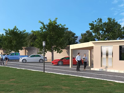 Outdoor Parking Lot with Green Trees Grass Area Parked Cars People Walking and Small Shelter 3d model