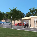 Outdoor Parking Lot with Green Trees Grass Area Parked Cars People Walking and Small Shelter
