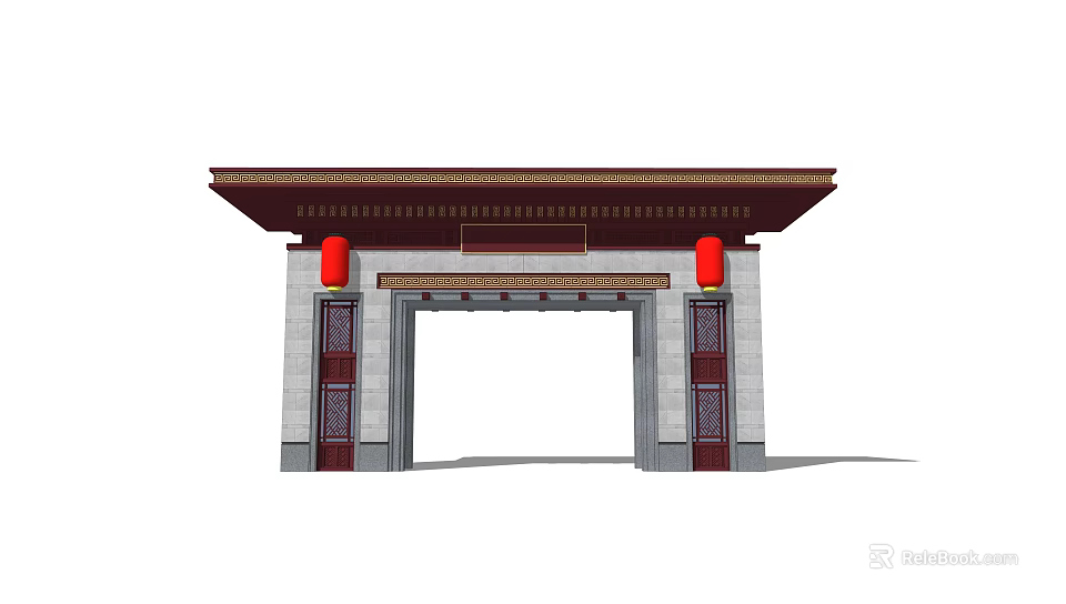 Traditional Chinese Entrance Gate With Red Lanterns Gray Walls And Ornate Roof 3d model 