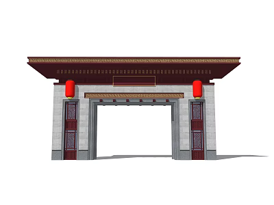 Traditional Chinese Entrance Gate With Red Lanterns Gray Walls And Ornate Roof 3d model