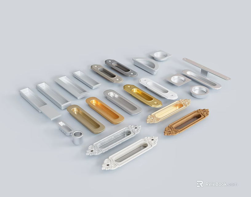 Different Styles Of Metal Cabinet Handles In Silver Gold Modern Designs 3d model 