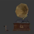 Vintage Phonograph Electronic Appliance With Golden Horn And Wooden Base Accessory