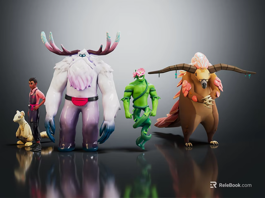 Vibrant Characters And Creatures Models Featuring Male Character Green Humanoid Horned Creatures And Small Animal 3d model 