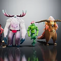 Vibrant Characters And Creatures Models Featuring Male Character Green Humanoid Horned Creatures And Small Animal