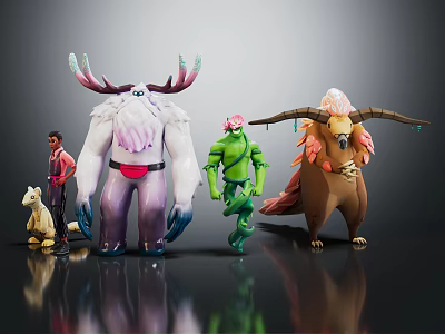 Vibrant Characters And Creatures Models Featuring Male Character Green Humanoid Horned Creatures And Small Animal 3d model