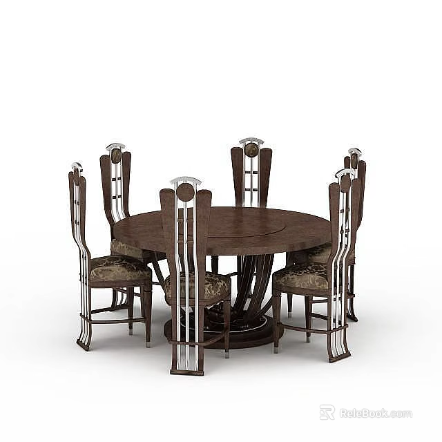 Elegant Carved Dining Chairs Surrounding Round Wooden Table With Metal Accents 3d model 