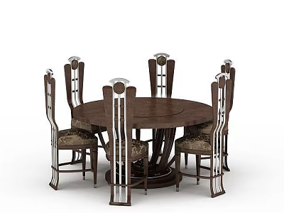 Elegant Carved Dining Chairs Surrounding Round Wooden Table With Metal Accents 3d model
