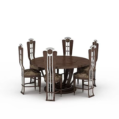 Elegant Carved Dining Chairs Surrounding Round Wooden Table With Metal Accents 3d model
