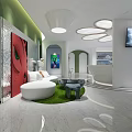 Modern Beauty Salon Interior With White Green Decor Circular Lighting And Comfortable Seating