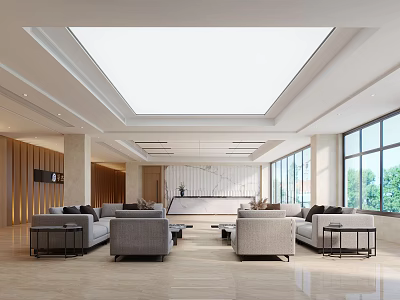 Modern Front Desk Reception Area With Spacious Bright Design Large Windows And Sofa Seating 3d model