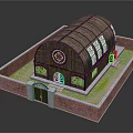 Wooden Arch Roof Building With Red Brick Walls And Stained Glass Arched Windows