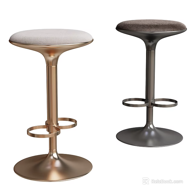 Modern Bar Stools With Padded Seats Metal Frames And Footrest Rings In Gold Gray 3d model 
