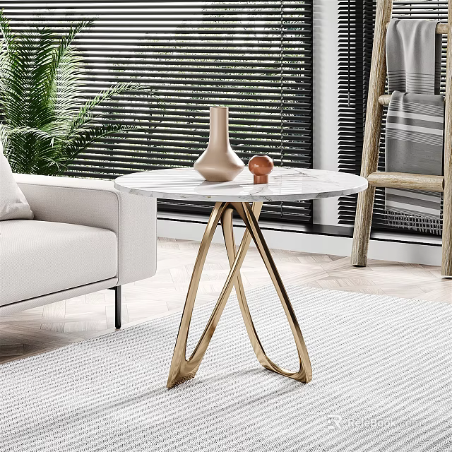 Modern Side Table With White Marble Top And Golden Crossed Legs In Elegant Living Room 3d model 