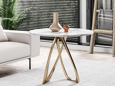 Modern Side Table With White Marble Top And Golden Crossed Legs In Elegant Living Room 3d model