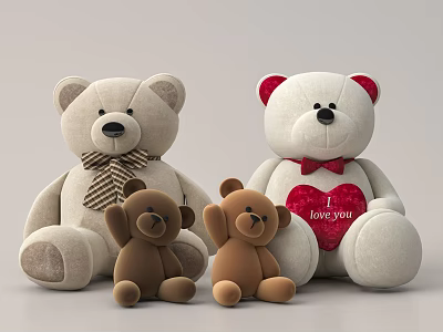 Group Of Adorable Teddy Bear Plush Toys With Heart And Bow Ties 3d model