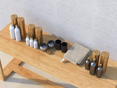Practical Daily Living Products on Wooden Table with Cylindrical Containers Bottles Cups and Gray Cloth 3d model