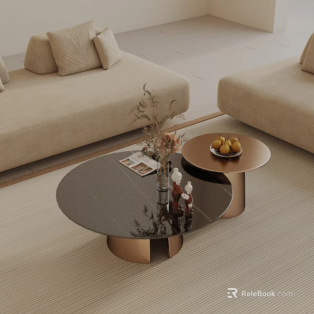 Modern Beige Sofa and Black Copper Coffee Table Set with Vase Magazines and Fruits 3d model 
