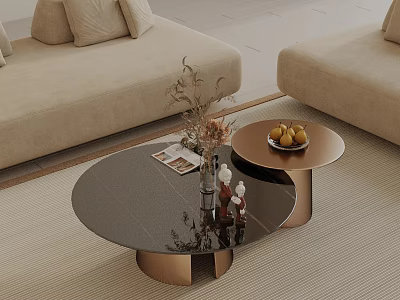 Modern Beige Sofa and Black Copper Coffee Table Set with Vase Magazines and Fruits 3d model