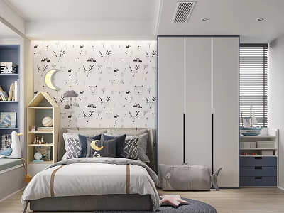 Cozy Modern Kids Room Interior With Moon Animal Pattern Wallpaper Bed Wardrobe And Bookshelf 3d model