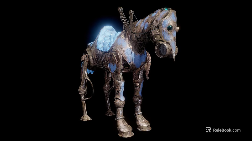 Steampunk Mechanical Horse Game Character With Blue Glowing Saddle And Metallic Parts 3d model 
