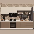 Modern Kitchen With Gray Marble Texture Wall White Gray Cabinets Black Range Hood And Kitchenware