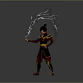 Fantasy Game Character In Red Yellow Black Outfit With Topknot Hairstyle Casting Blue Lightning Effects