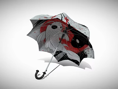 Stylish Decorative Umbrella With Koi Fish Yin Yang Design And Red Black White Colors 3d model