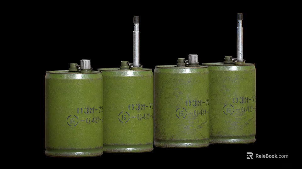 Four Green Cylindrical Military Weapons With Numbered Markings And Metal Caps 3d model 