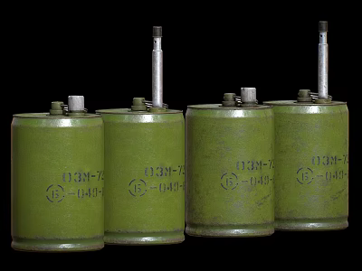 Four Green Cylindrical Military Weapons With Numbered Markings And Metal Caps 3d model