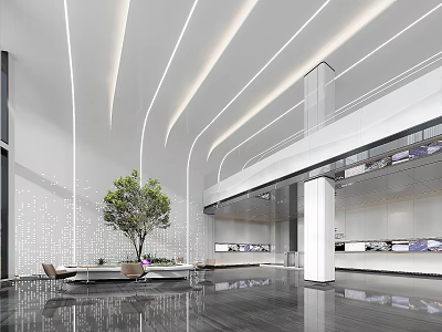 Modern Hotel Lobby With Curved Ceiling White Columns Large Green Plant And Reflective Floor 3d model