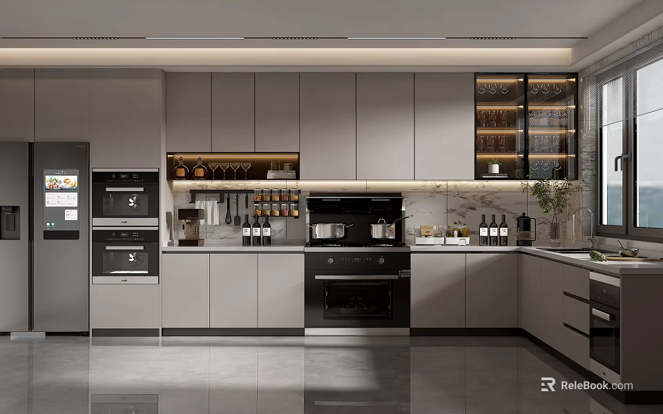 Modern Kitchen Interior Design With Gray Cabinets Glass Door Storage And Appliances 3d model 