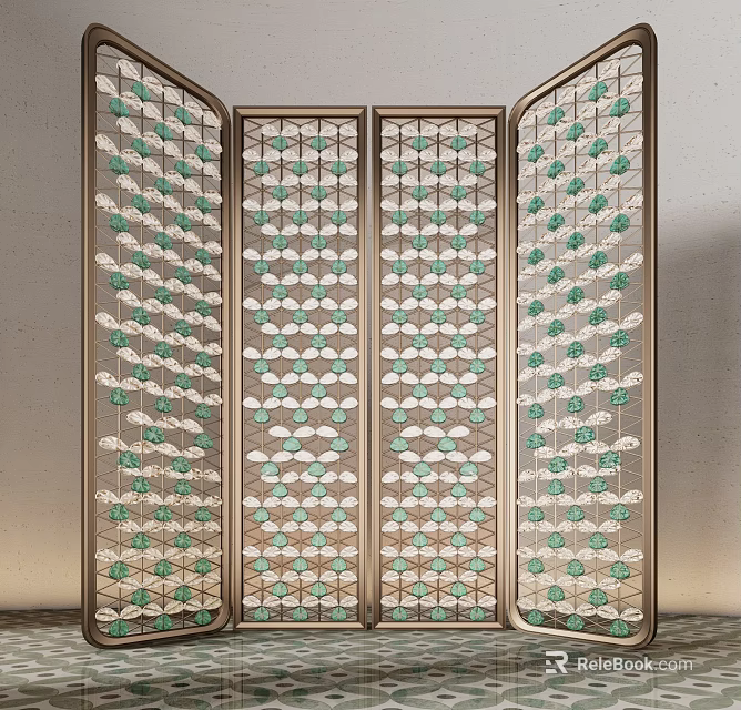 Decorative Metal Frame Screen With Intricate Green And White Geometric Patterns 3d model
