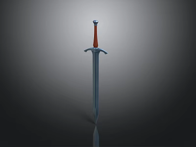 Medieval Sword with Red Hilt Silver Metal Blade Crossguard Design and Reflection on Dark Surface 3d model