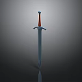 Medieval Sword with Red Hilt Silver Metal Blade Crossguard Design and Reflection on Dark Surface