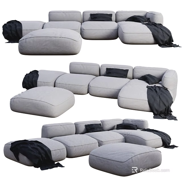 Modular Light Gray Sofa Set With Black Cushions Ottoman And Blankets 3d model