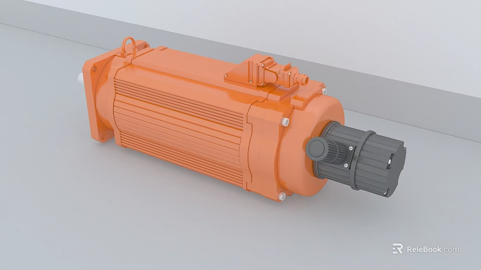 Orange Industrial Motor Equipment With Cylindrical Enclosure Black Connection End And Cooling Fins 3d model 