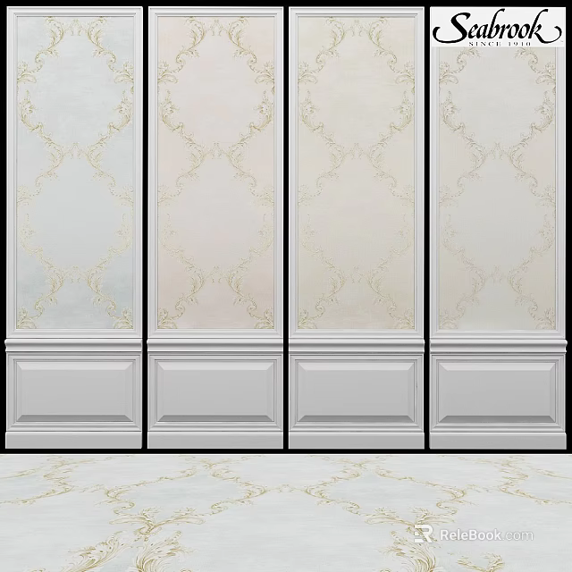 Elegant Classical Wall Panels With Golden Decorative Patterns And White Baseboard 3d model 