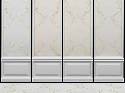 Elegant Classical Wall Panels With Golden Decorative Patterns And White Baseboard 3d model