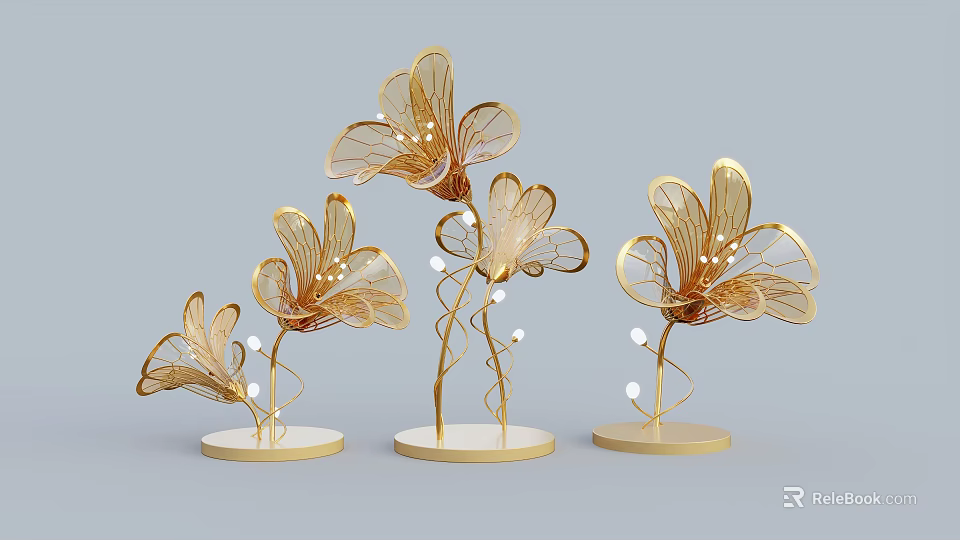 Golden Flower Shaped Metallic Floral Display With White Base And Light Beads 3d model 