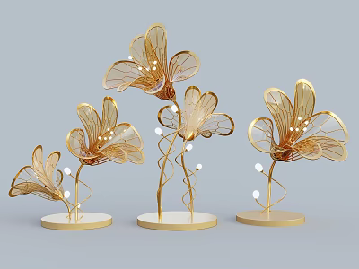 Golden Flower Shaped Metallic Floral Display With White Base And Light Beads 3d model