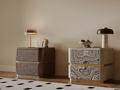 Exquisite Luxury Textured Double Drawer Bedside Tables With Table Lamps For Elegant Warm Bedroom Decor 3d model