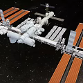 Cartoon Scene of Space Station with Multiple Modules and Solar Panels in Starry Space Background