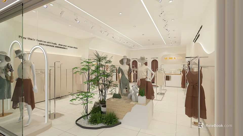 Modern Clothing Store with Mannequins Displaying Dresses and Green Plants in Neat Layout 3d model 