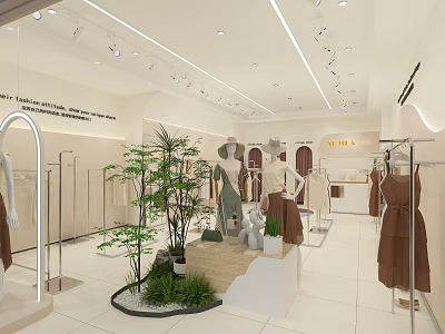 Modern Clothing Store with Mannequins Displaying Dresses and Green Plants in Neat Layout 3d model