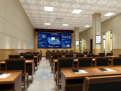 Modern Monitoring Room With Large Data Screen And Seats 3d model