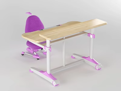 Kids Adjustable Desk with Wooden Top Pink White Legs and Purple Rolling Chair 3d model