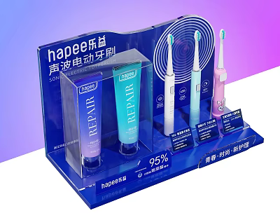 Transparent Blue Display Shelf For Sonic Electric Toothbrushes And Toothpaste With Information Labels 3d model