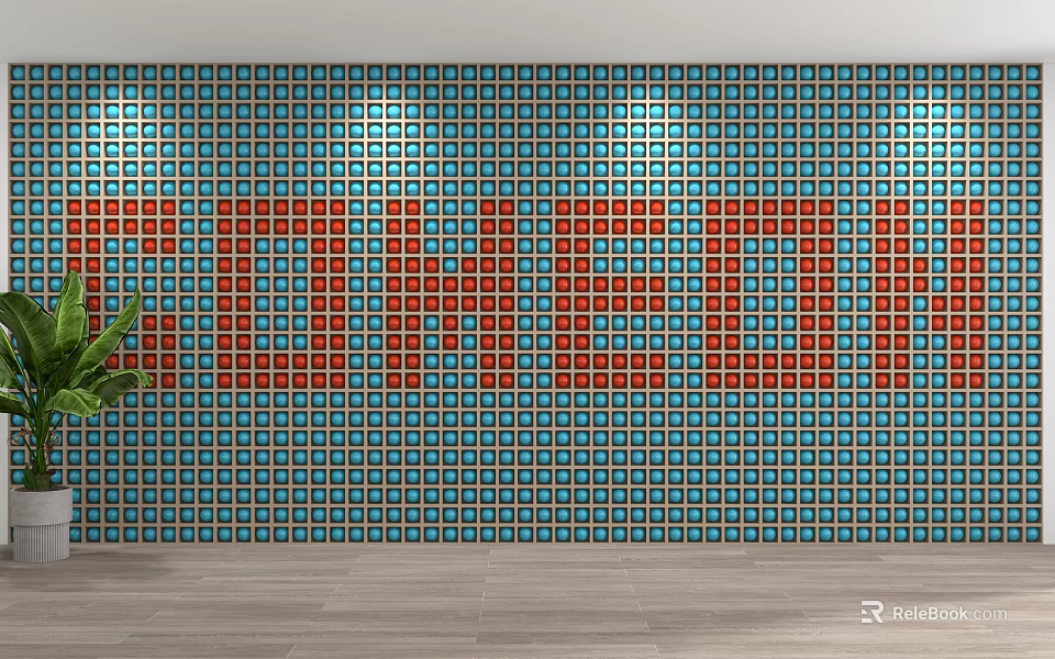Colorful Tile Partition Wall With Red COMEDY Lettering And Green Plant Decor 3d model 